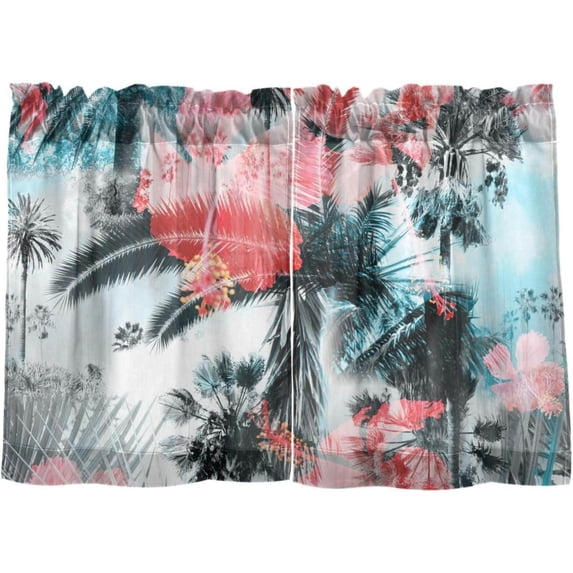 Palm Tree Kitchen Curtains 2 Panels UV Protected Tier Curtains, Half Window Curtains Kitchen Tiers for Guest Room Bathroom Sink Laundry Room Basement,24"x27"