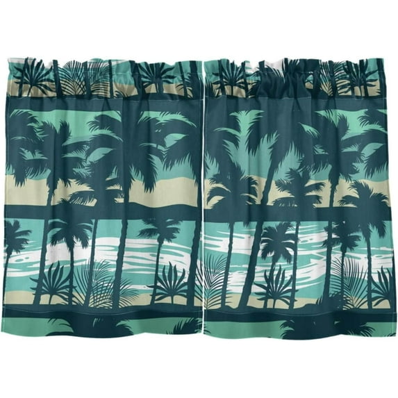 Palm Tree Kitchen Curtains 2 Panels UV Protected Tier Curtains, Half Window Curtains Kitchen Tiers for Guest Room Bathroom Sink Laundry Room Basement,24"x27"
