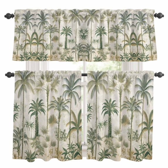 Palm Tree Kitchen Curtains Sets for Windows 36 Inch Length, Sage Green Tropical Nature Plant Watercolor Rod Pocket Window Treatments Tier Curtains and Valances Set for Bedroom/Bathroom