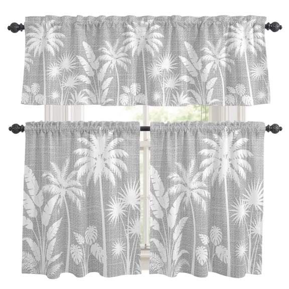 Palm Tree Kitchen Curtains Valances 3 Piece Set, Coastal Tropical Monstera Leaf Fog Gray Linen Texture Rod Pocket Tier Curtain and Valance Drapes for Small Window 24 Inch Length for Bedroom Cafe