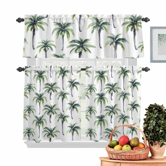 Palm Tree Kitchen Curtains Valances 3 Piece Set, Summer Tropical Tree Rod Pocket Tier Curtain and Valance Drapes for Small Window 36 Inch Length for Bedroom Cafe