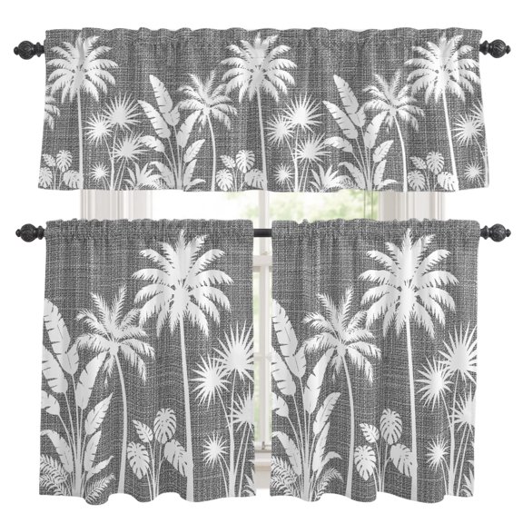 Palm Tree Kitchen Curtains and Valances Set, Coastal Tropical Monstera Leaf Charcoal Gray Linen Texture Rod Pocket Window Valance Window Curtain Panels for Living Room Bedroom, 27.5x24in, 3 Pieces
