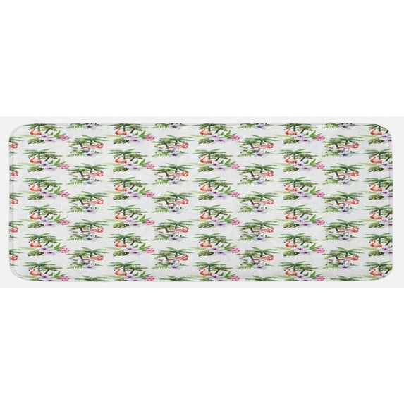 Palm Tree Kitchen Mat, Tropical Island Inspired Pattern with Flamingo Birds Hibiscus Flowers Watercolors, Plush Decorative Kitchen Mat with Non Slip Backing, 47" X 19", Multicolor, by Ambesonne