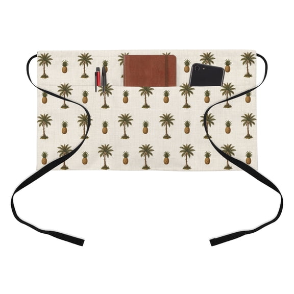 Palm Tree Kitchen Restaurant Half Waist Apron, Pineapple Tropical Plant Beige Boho Summer Server Short Apron with 3 Pockets Waterproof Oil Waist Aprons for Women Waitress Waiter