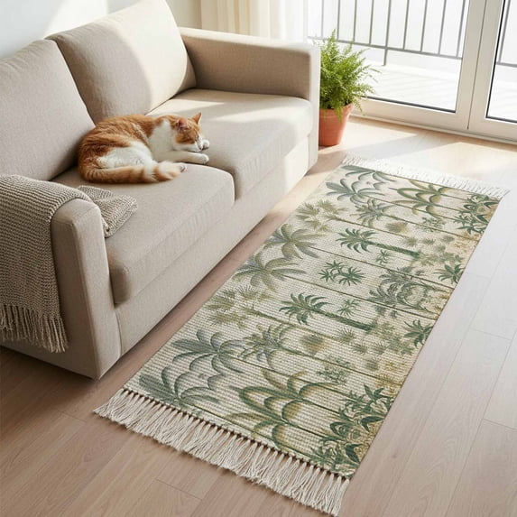 Palm Tree Kitchen Runner Rug 2'x4', Sage Green Tropical Nature Plant Watercolor Washable Rug with Tassels, Non Slip Woven Cotton Bathroom Rugs Hallway Carpet for Foyer Bedroom Entry Back Door Decor