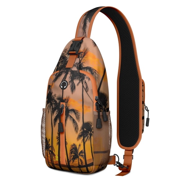 Palm Tree Landscape Sling Backpack, Lightweight and Durable Crossbody Daypack with Hawaiian Beach Design, Great for City Walks and Short Trips