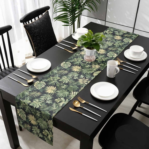Palm Tree Leaves Cotton Linen Table Runner 13 x 70 inch Summer Tropical Green Botanical Non-slip Rectangular Dining Table Decor for Wedding Party Holiday Dinner