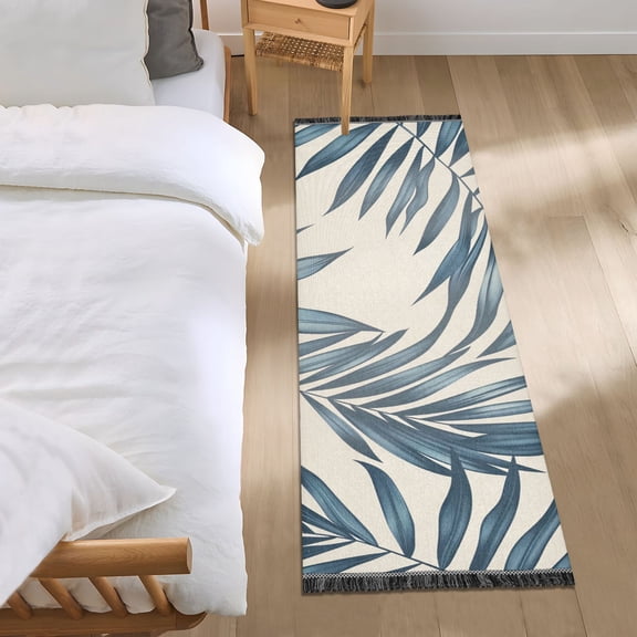 Palm Tree Leaves Hand Painted Bedside Runner Rug 2'x 6' Non Slip Carpet Floor Mat Area Rug