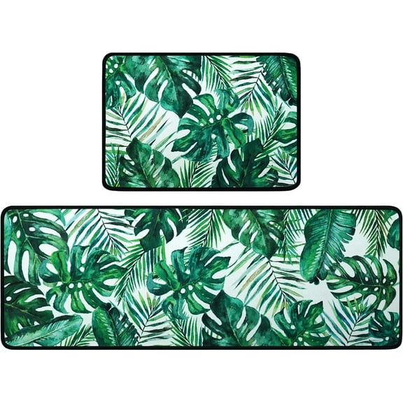 Palm Tree Leaves Kitchen Rug Set,Summer Tropical Jungle Palm Sunday Pattern Runner Rugs with Rubber Backing,Throw Rugs Washable for Kitchen Sink,Laundry Room,Standing Desk,Spring Summer Rugs