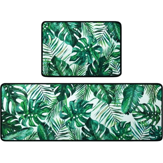 Palm Tree Leaves Kitchen Rug Set,Summer Tropical Jungle Palm Sunday Pattern Runner Rugs with Rubber Backing,Throw Rugs Washable for Kitchen Sink,Laundry Room,Standing Desk,Spring Summer Rugs