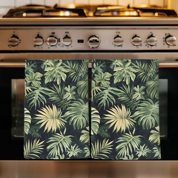 Palm Tree Leaves Kitchen Towels Set of 3, Summer Tropical Green Botanical Absorbent Dish Towels for Kitchen, Microfiber Hand Towel, Quick Drying Tea Towel for Cleaning Decorative Dishcloths