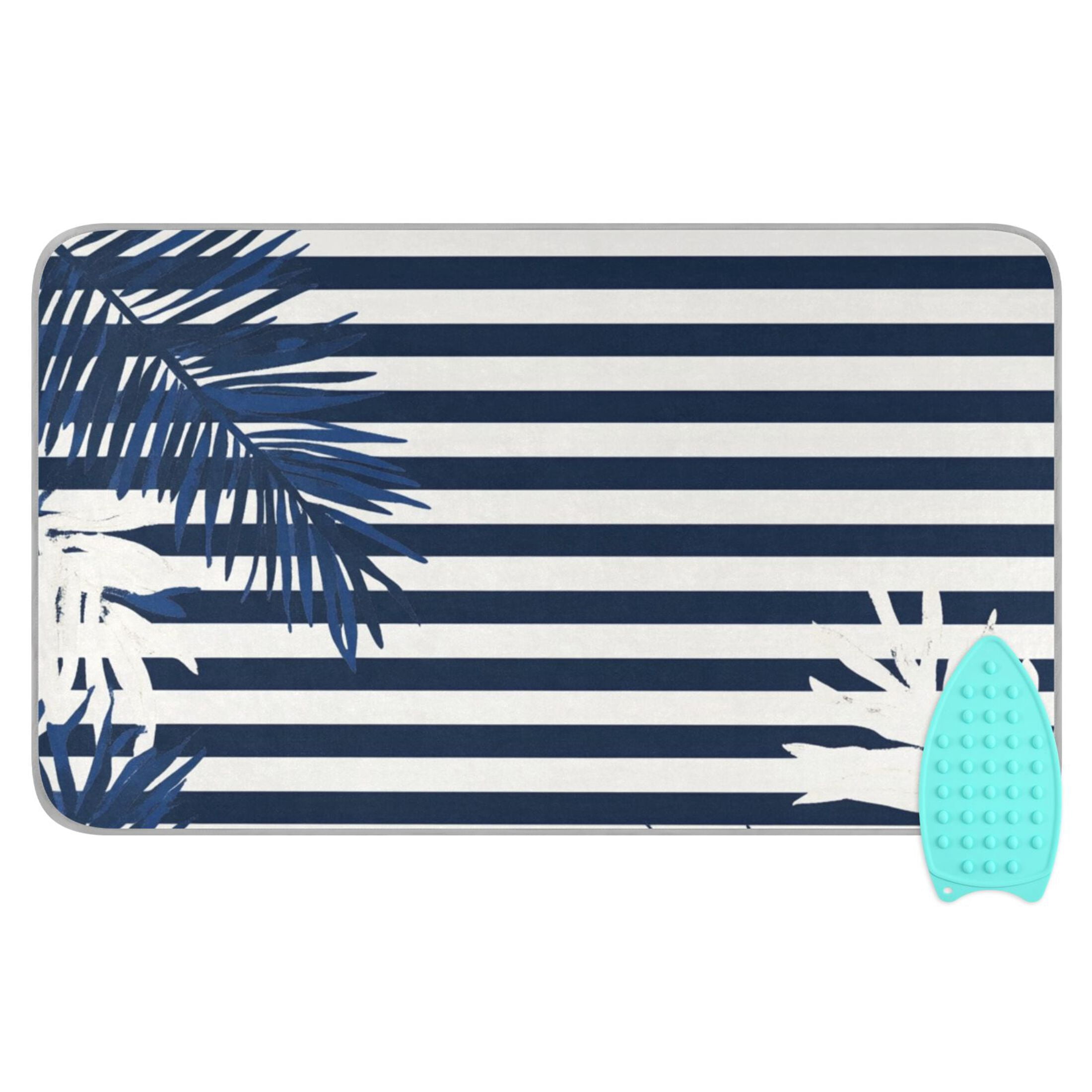 Palm Tree Leaves Navy Blue Narrow Stripes Ironing Mat Blanket Portable Travel Ironing Pad Heat Resistant Pad 47.2" x 27.6”