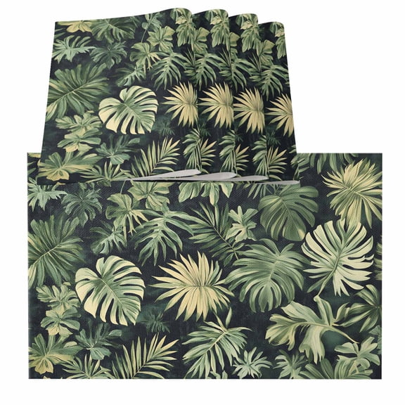 Palm Tree Leaves Placemats for Dinning Table Set of 4, Summer Tropical Green Botanical Burlap Kitchen Place Mats Waterproof Cloth Table Mats, Indoor Outdoor Placemats Easy Clean Dinner Decor