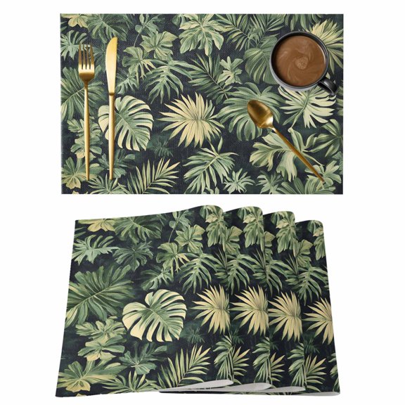 Palm Tree Leaves Placemats Set of 4, Cotton Linen Fabric Place Mats, Summer Tropical Green Botanical Washable Decorative Table Mats Protector for Home Kitchen Dining Wedding Party Coffee Tables