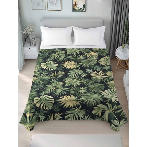 Palm Tree Leaves Queen Size Flat Sheet, Wrinkleproof & Fadeproof Cooling Flat Bed Sheet Only, Summer Tropical Green Botanical Breathable Soft Bedding Top Sheets 90 x 102 Inches