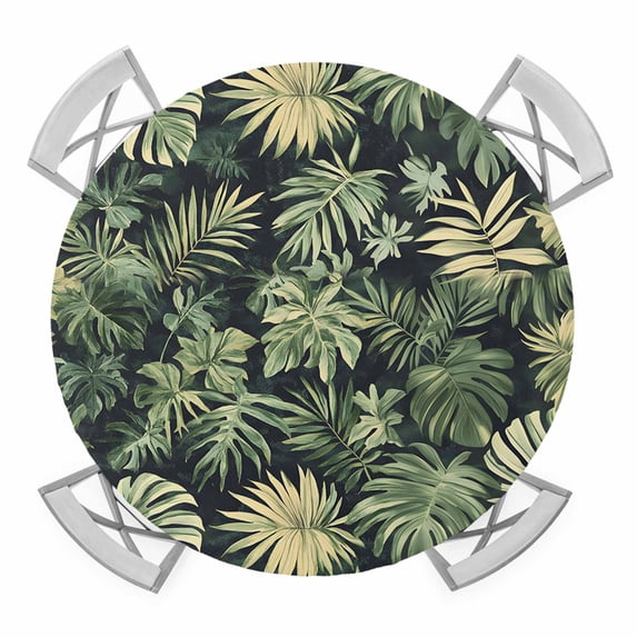 Palm Tree Leaves Round Tablecloth for 45-54 Inch Tables, Fitted Table Cover with Elastic Edge, Summer Tropical Green Botanical Waterproof Outdoor Table Cloth Protector for Patio Garden Dinner Picnic