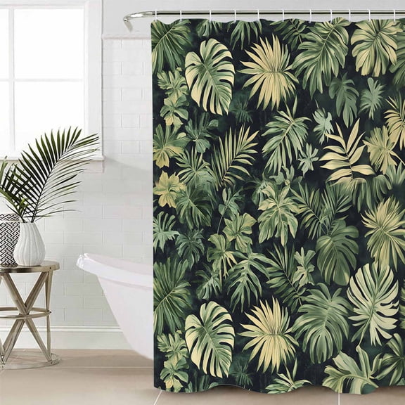 Palm Tree Leaves Shower Curtain Set, Waterproof Shower Curtains for Bathroom, Summer Tropical Green Botanical Washable Fabric Cloth Bath Curtain for Bathtub Decoration with Hooks 48x72 Inches