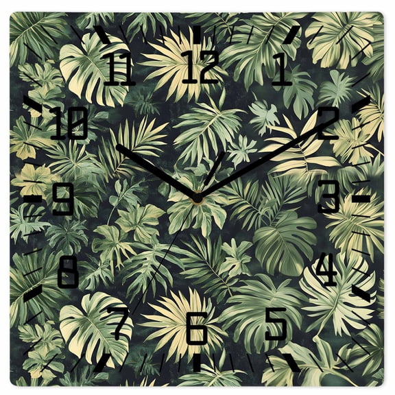 Palm Tree Leaves Wooden Wall Clock Silent Non Ticking, Summer Tropical Green Botanical Square Wall Clocks Battery Operated, Decor Clock for Home Office, Living Room, Kitchen, 12 Inch