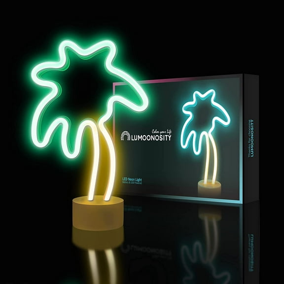 Palm Tree Lights - Green & Yellow Palm Tree Neon Sign for Bedroom, Game Room - Battery/USB Powered Coconut Trees Neon Light with Stand for Desktop & Tabletop