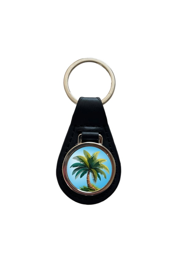Palm Tree Lush Tropical Metal Black Leather Keychain