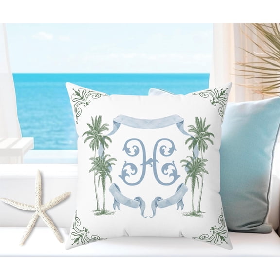 Palm Tree Monogram H White Slate Blue Sage Green Polyester Velvet Throw Pillow Cover Only, No Insert