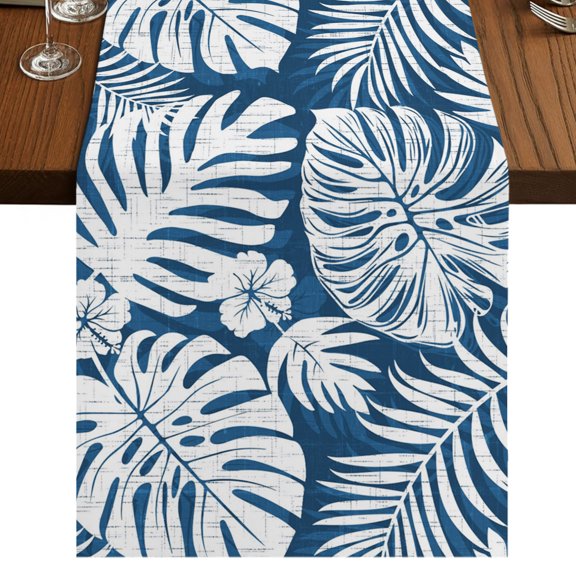 Palm Tree Monstera Burlap Cotton Table Runner 13x48 Inches Long, Indigo Blue Leaf Boho Botanical Tropical Farmhouse Table Runners, Outdoor Dining Tablecloths Decor for Baby Shower/Party/Wedding