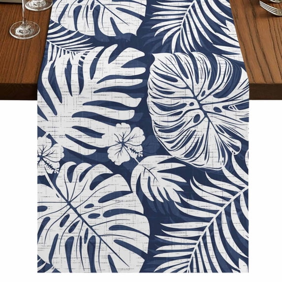 Palm Tree Monstera Burlap Cotton Table Runner 13x60 Inches Long, Indigo Navy Leaf Boho Botanical Tropical Farmhouse Table Runners, Outdoor Dining Tablecloths Decor for Baby Shower/Party/Wedding