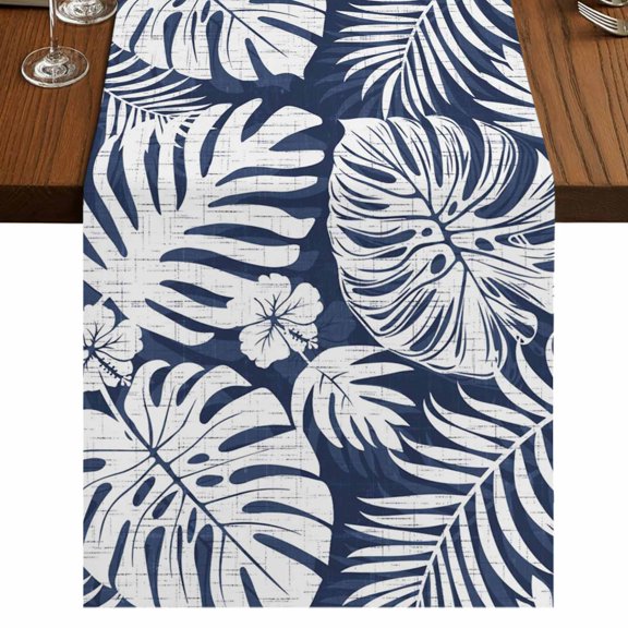 Palm Tree Monstera Burlap Cotton Table Runner 13x60 Inches Long, Indigo Navy Leaf Boho Botanical Tropical Farmhouse Table Runners, Outdoor Dining Tablecloths Decor for Baby Shower/Party/Wedding