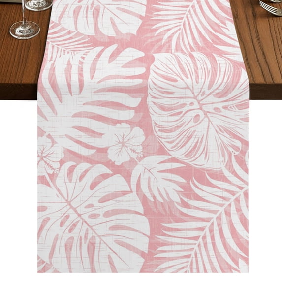 Palm Tree Monstera Burlap Cotton Table Runner 13x90 Inches Long, Pink White Leaf Boho Botanical Tropical Farmhouse Table Runners, Outdoor Dining Tablecloths Decor for Baby Shower/Party/Wedding