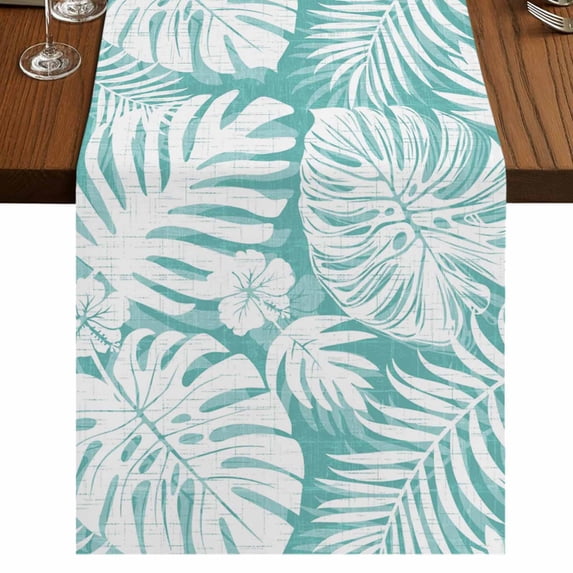 Palm Tree Monstera Burlap Cotton Table Runner 14x72 Inches Long, Turquoise White Botanical Leaf Boho Farmhouse Table Runners, Outdoor Dining Tablecloths Decor for Baby Shower/Party/Wedding