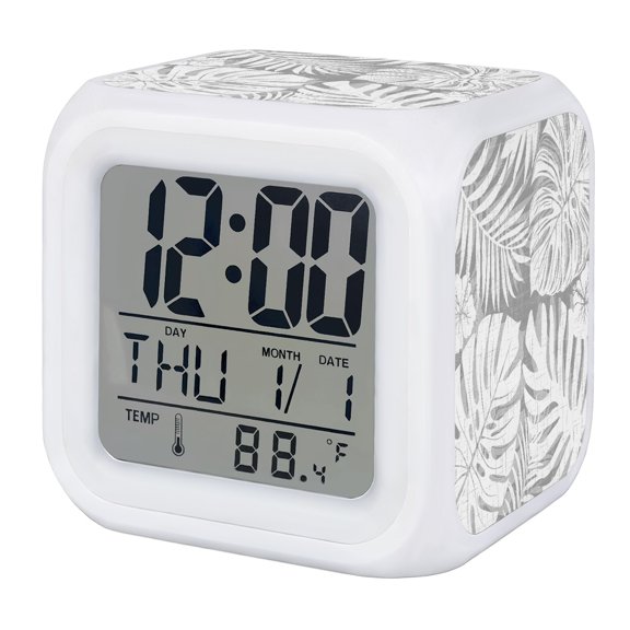 Palm Tree Monstera Digital Alarm Clock for Bedrooms,Smart LED Alarm Clock with 7 Color Changing Night Light,Slate Gray Ash Leaf Boho Botanical Tropical Silent Wake Up Clocks for Sleep Study 3.2"x3.2"