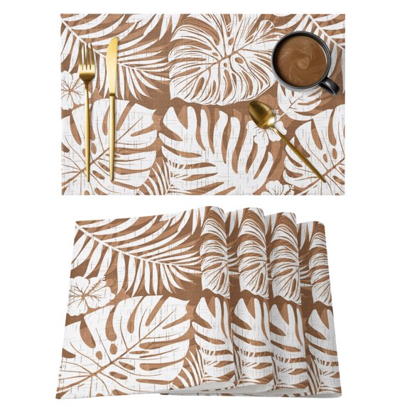 Palm Tree Monstera Placemats Set of 12 Brown Tan Leaf Boho Botanical Tropical Place Mats Indoor Wipeable Table Mats Washable Cloth Dining Table Placemats for Kitchen Holiday Party Decor 13x19 Inch