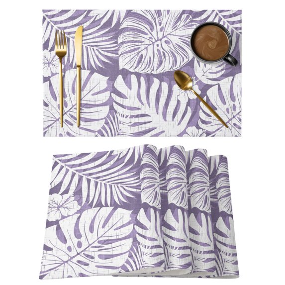 Palm Tree Monstera Placemats Set of 4 Purple White Leaf Boho Botanical Tropical Place Mats Indoor Wipeable Table Mats Washable Cloth Dining Table Placemats for Kitchen Holiday Party Decor 13x19 Inch