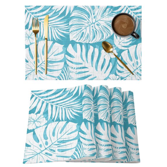 Palm Tree Monstera Placemats Set of 6 Teal Aqua Leaf Boho Botanical Tropical Place Mats Indoor Wipeable Table Mats Washable Cloth Dining Table Placemats for Kitchen Holiday Party Decor 13x19 Inch