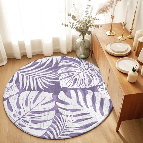 Palm Tree Monstera Round Area Rug 3 FT,Small Kitchen Bathroom Mat,Purple White Leaf Boho Botanical Tropical Washable Indoor Outdoor Throw Runner Carpet Doormat for Table Shower Sofa Entryway