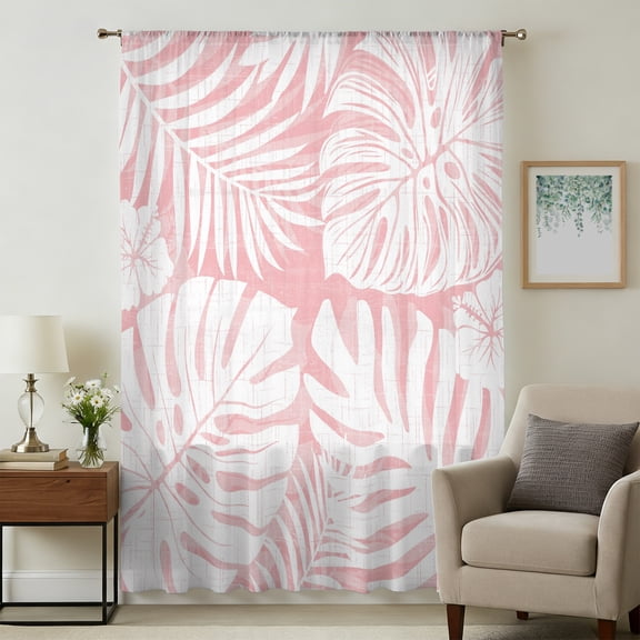 Palm Tree Monstera Sheer Curtains 45 Inches Long, Pink White Leaf Boho Botanical Tropical Light Filering Curtains, Breathable Simi Curtain Privacy Drapes for Kitchen Bathroom Window Treatment