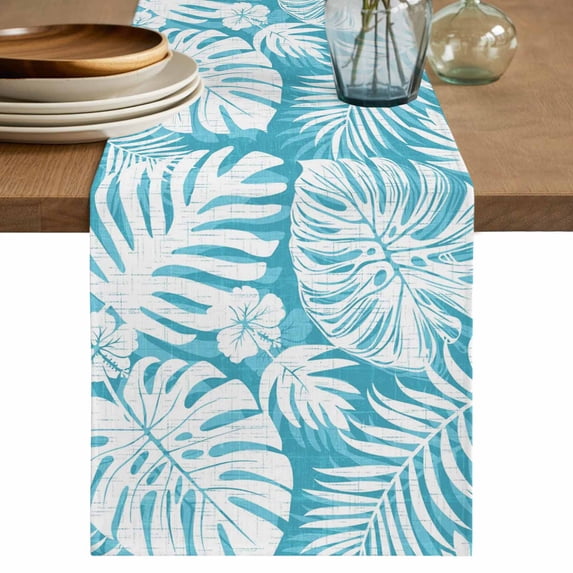 Palm Tree Monstera Table Runner 120 Inches Long,Teal Aqua Leaf Boho Botanical Tropical Cotton Linen Table Runners Dresser Scarves,Fabric Tabletop Scarf Furniture Cover for Home Dinner Party 13"x120"