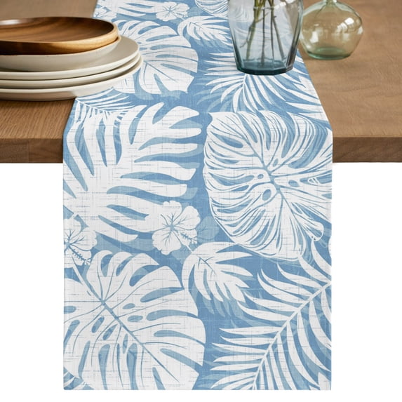 Palm Tree Monstera Table Runner 36 Inches Long,Sky Blue Leaf Boho Botanical Tropical Cotton Linen Table Runners Dresser Scarves,Fabric Tabletop Scarf Furniture Cover for Home Dinner Party 13"x36"