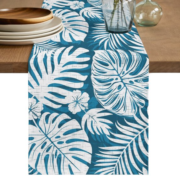Palm Tree Monstera Table Runner 90 Inches Long,Cyan Blue Leaf Boho Botanical Tropical Cotton Linen Table Runners Dresser Scarves,Fabric Tabletop Scarf Furniture Cover for Home Dinner Party 13"x90"
