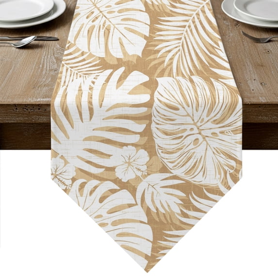 Palm Tree Monstera Table Runner Linen Burlap Table Runner 60 Inches Long Cream Beige Leaf Boho Botanical Tropical Dresser Scarves for Kitchen Island Coffee Dining Room Party Holiday Decor 13"x60"
