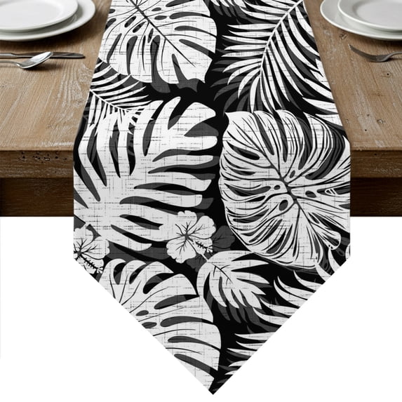 Palm Tree Monstera Table Runner Linen Burlap Table Runner 70 Inches Long Black White Leaf Boho Botanical Tropical Dresser Scarves for Kitchen Island Coffee Dining Room Party Holiday Decor 13"x70"