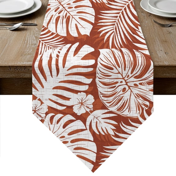Palm Tree Monstera Table Runner Linen Burlap Table Runner 72 Inches Long Rust Red Leaf Boho Botanical Tropical Dresser Scarves for Kitchen Island Coffee Dining Room Party Holiday Decor 16"x72"