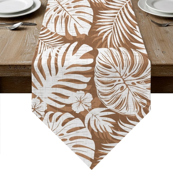 Palm Tree Monstera Table Runner Linen Burlap Table Runner 90 Inches Long Brown Tan Leaf Boho Botanical Tropical Dresser Scarves for Kitchen Island Coffee Dining Room Party Holiday Decor 13"x90"