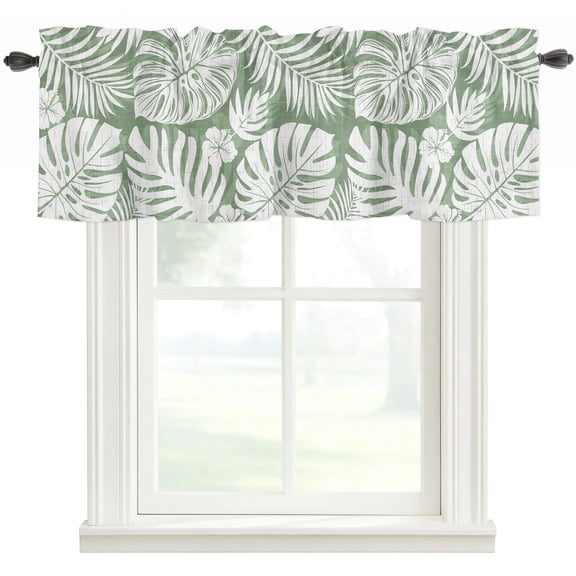 Palm Tree Monstera Valances for Windows Farmhouse Kitchen Curtains Valances Rod Pocket Valance Curtains for Windows Sage Green White Leaf Boho Botanical Window Valances for Bathroom Bedroom 54"x18"