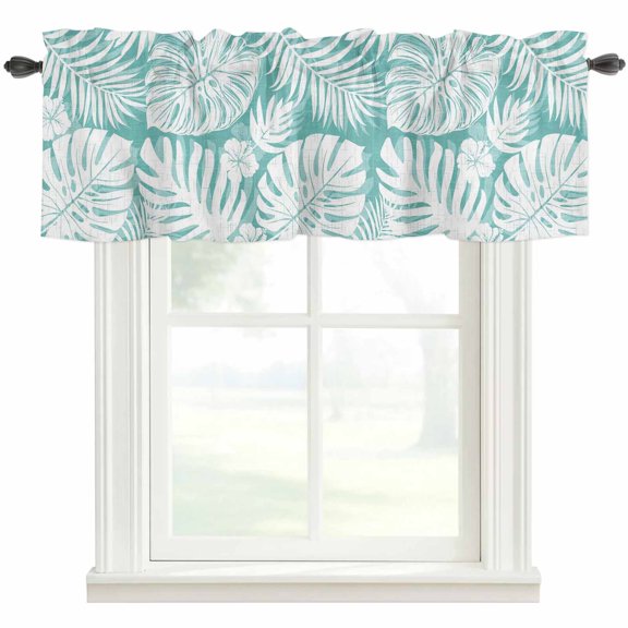 Palm Tree Monstera Valances for Windows Farmhouse Kitchen Curtains Valances Rod Pocket Valance Curtains for Windows Turquoise White Botanical Leaf Boho Window Valances for Bathroom Bedroom 42"x12"