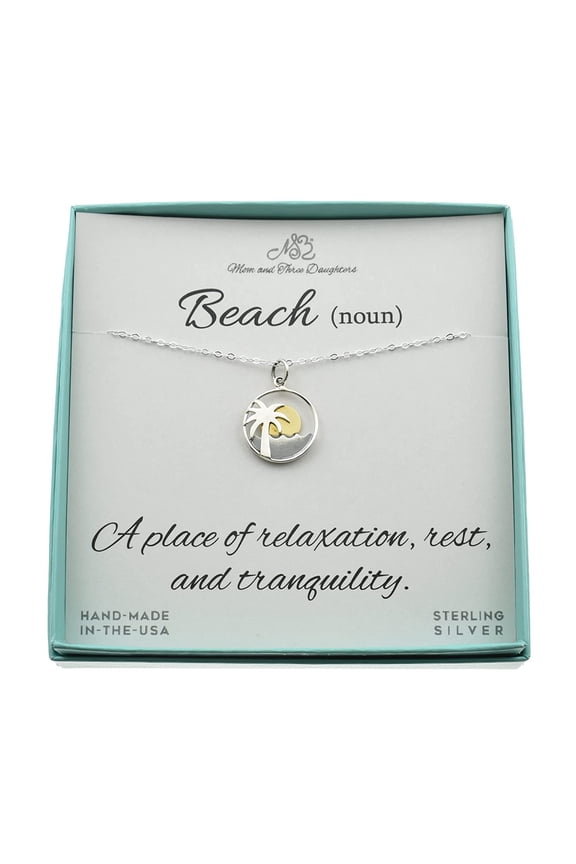 Palm Tree Ocean Waves Necklace, Stylish Sterling Silver Palm Tree Necklace on 18-Inch 925 Sterling Silver Chain. Beach Gift