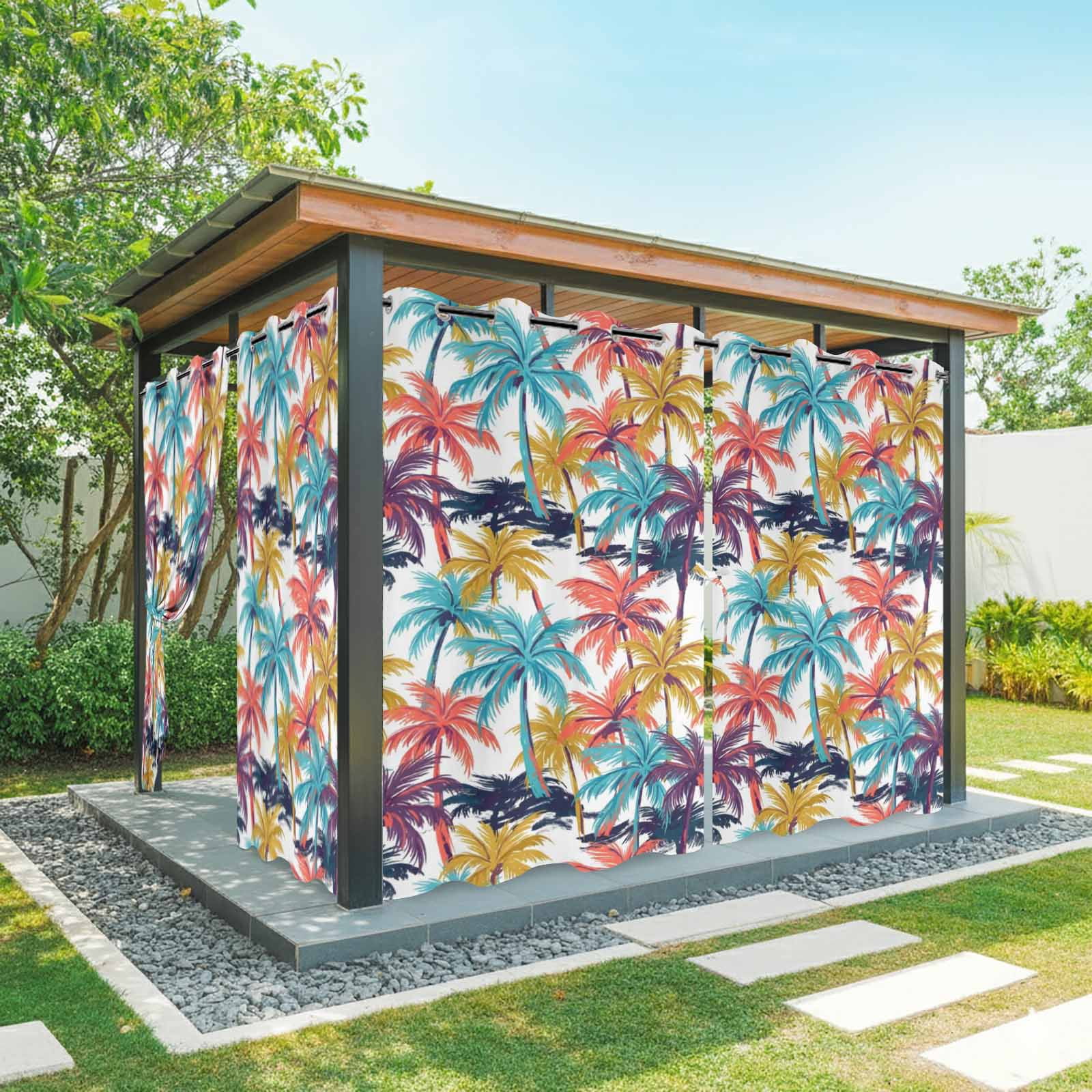 Palm Tree Outdoor Curtains for Patio, Summer Coastal Orange Blue Yellow Tropical Leaf Sunshade Privacy Drapes Grommet Waterproof Outside Curtains for Porch/Cabana/Balcony 54"x 95", 2 Panel