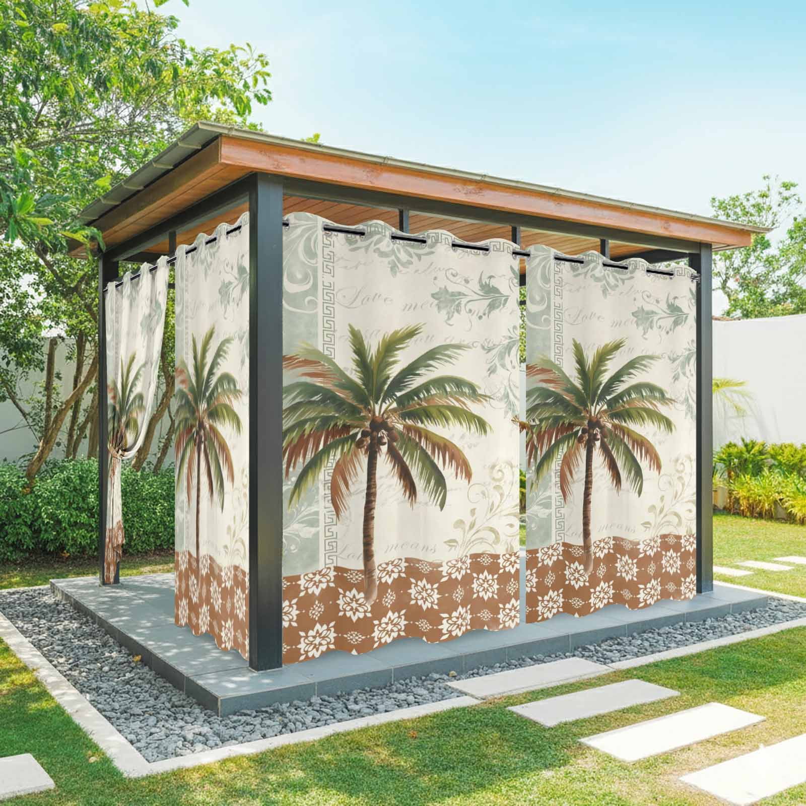 Palm Tree Outdoor Curtains for Patio, Summer Island Plant Brown Boho Floral Sunshade Privacy Drapes Grommet Waterproof Outside Curtains for Porch/Cabana/Balcony 54"x 108", 1 Panel