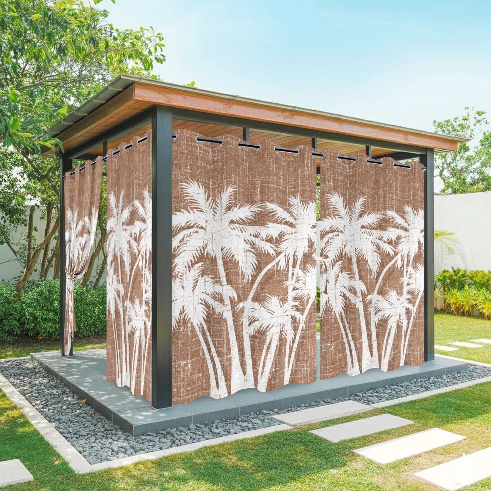 Palm Tree Outdoor Curtains for Patio, Tropical Plant Coastal Summer Brown Sunshade Privacy Drapes Grommet Waterproof Outside Curtains for Porch/Cabana/Balcony 54"x 108", 1 Panel