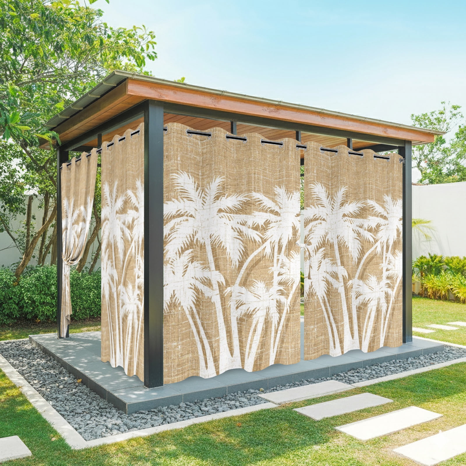 Palm Tree Outdoor Curtains for Patio, Tropical Plant Coastal Summer Khaki Sunshade Privacy Drapes Grommet Waterproof Outside Curtains for Porch/Cabana/Balcony 54"x 108", 1 Panel